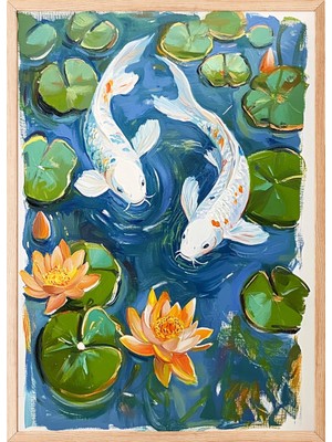 Zestia Ahşap Çerçeveli Duvar Tablosu Koi Balıkları ve Lotus Çiçekli Gölet Manzarası Salon Dekoru