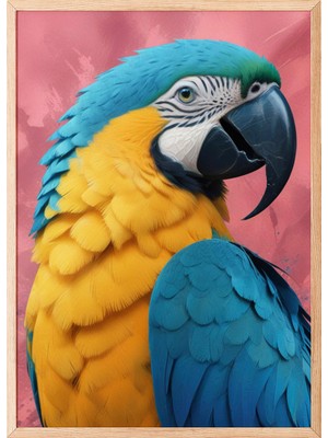 Zestia Ahşap Çerçeveli Duvar Tablosu Renkli Papağan Portresi – Mavi ve Sarı Tonlarda Salon Dekoru