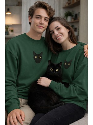Muhtar Store Siyah Kedi Desenli Sevgili Sweatshirt – Unisex Çift Kombini