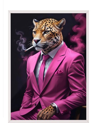 Zestia Beyaz Çerçeveli Duvar Tablosu Pembe Takımlı Leopar – Duman Efekti Salon Dekoru