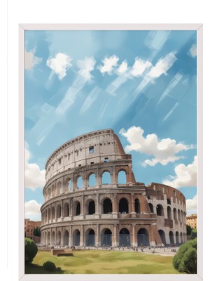Zestia Beyaz Çerçeveli Duvar Tablosu Roma Kolezyum Manzarası – Mavi Gökyüzü Tonları Salon Dekoru
