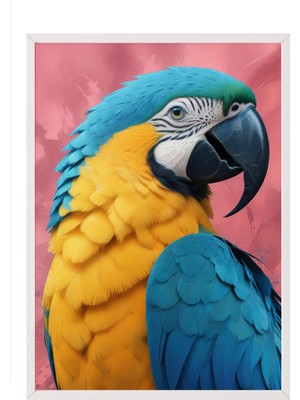 Zestia Beyaz Çerçeveli Duvar Tablosu Renkli Papağan Portresi – Mavi ve Sarı Tonlarda Salon Dekoru