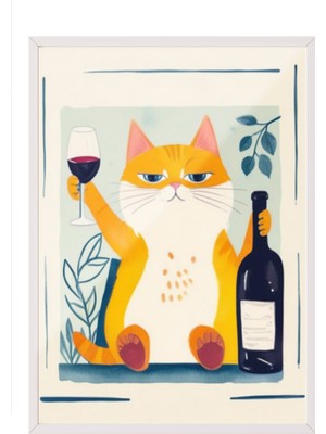 Zestia Beyaz Çerçeveli Duvar Tablosu Keyifli Kedi Mutfak Dekoru