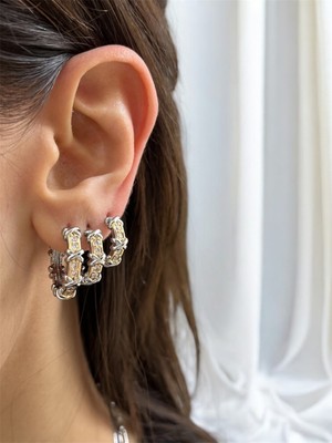 PremiumPort Gümüş Renk Çelik Taş Detaylı Xoxo 3 Farklı Ebatta Şık Küpe