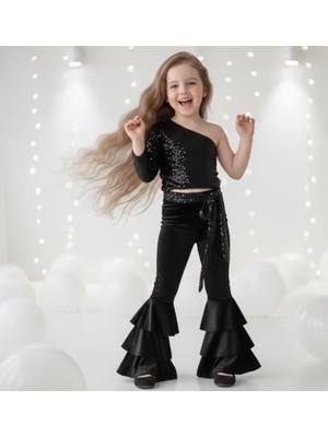Kız Çocuk Payetli Siyah Abiye Takım Ispanyol Paça