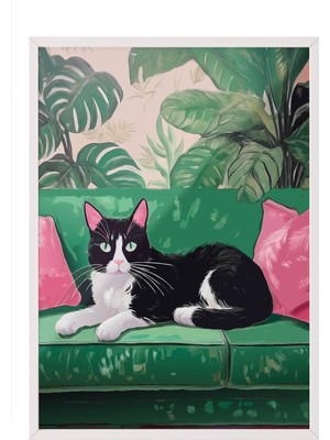 Zestia Beyaz Çerçeveli Duvar Tablosu Botanik Koltukta Kedi – Yeşil Tonlar Salon Dekoru