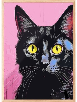 Zestia Ahşap Çerçeveli Duvar Tablosu Modern Pop Art Siyah Kedi Salon Dekoru