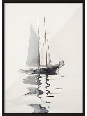 Zestia Siyah Çerçeveli Duvar Tablosu Minimal Yelkenli – Gri Tonlar Salon Dekoru