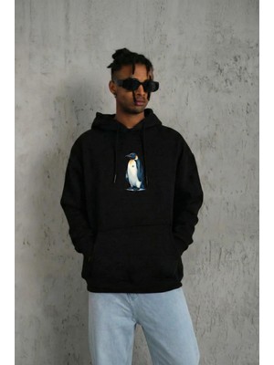 Velmora Fashion Siyah Oversize Hoodie - Sırt Baskılı "survivor Penguin" Temalı, Felsefi Yazılı Kapüşonlu Sweatshirt - Siyah