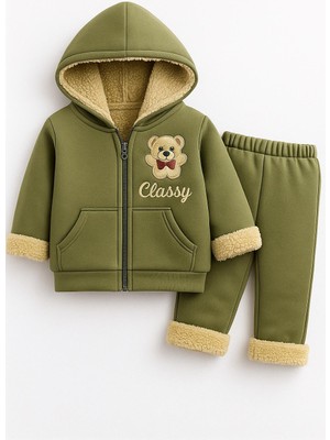 Ayıcık Detaylı Içi Yumuşak Peluşlu Çocuk Kışlık Hoodi ve Eşofman Altı Seti