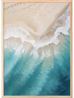Zestia Ahşap Çerçeveli Duvar Tablosu Turkuaz Sahil Dalga Görünümü – Kum ve Beyaz Tonlar Salon Dekoru