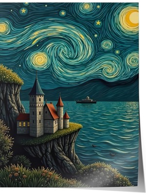 Zestia Poster Yıldızlı Gece ve Şato Manzarası – Dalgalı Gece Tonları Salon Dekoru