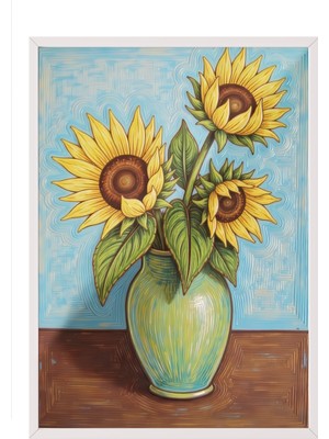 Zestia Beyaz Çerçeveli Duvar Tablosu Vazoda Ayçiçekleri – Sarı ve Mavi Tonlarda Çizgisel Stil Salon Dekoru