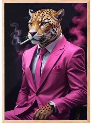 Zestia Ahşap Çerçeveli Duvar Tablosu Pembe Takımlı Leopar – Duman Efekti Salon Dekoru