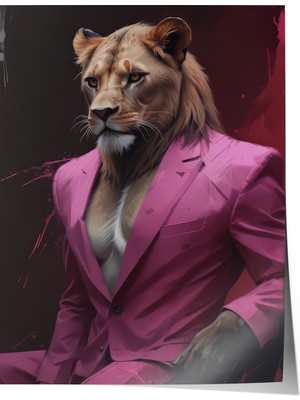 Zestia Poster Pembe Takımlı Aslan Portresi – Koyu Arka Plan Salon Dekoru