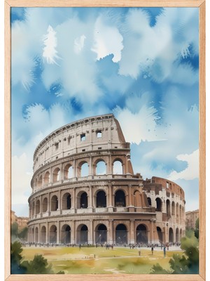 Zestia Ahşap Çerçeveli Duvar Tablosu Roma Kolezyumu – Suluboya Mavi Gökyüzü Tonları Salon Dekoru