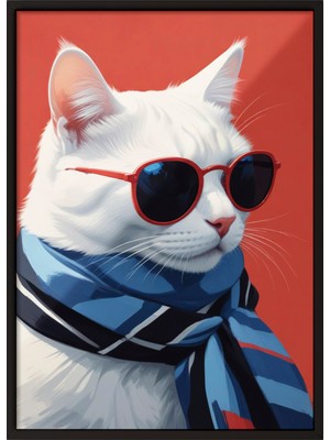 Zestia Siyah Çerçeveli Duvar Tablosu Gözlüklü Beyaz Kedi Portresi – Mavi Atkılı Modern Stil Salon Dekoru