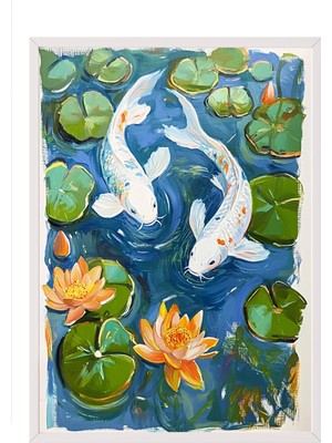 Zestia Beyaz Çerçeveli Duvar Tablosu Koi Balıkları ve Lotus Çiçekli Gölet Manzarası Salon Dekoru