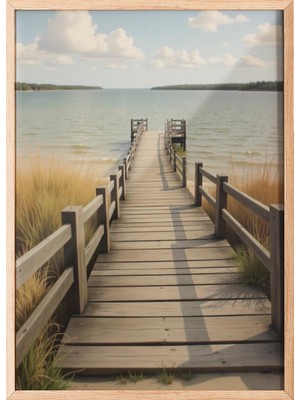 Zestia Ahşap Çerçeveli Duvar Tablosu Sessiz Iskele ve Durgun Deniz – Soft Doğa Tonlarında Salon Dekoru