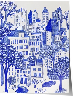 Zestia Poster Mavi Çizim Şehir Manzarası – Minimal Kent Dokusu Salon Dekoru