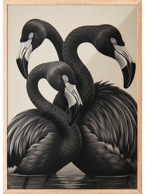 Zestia Ahşap Çerçeveli Duvar Tablosu Siyah Tonlarda Üçlü Flamingo Modern Stil Salon Dekoru