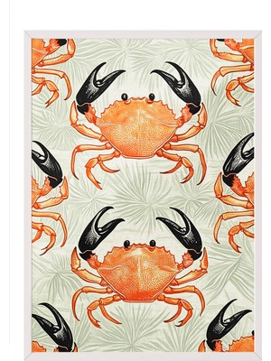 Zestia Beyaz Çerçeveli Duvar Tablosu Turuncu Yengeç Deseni – Tropik Çizgi Stil Mutfak Dekoru