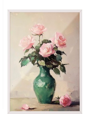 Zestia Beyaz Çerçeveli Duvar Tablosu Pembe Güller – Klasik Fırça Dokulu Salon Dekoru