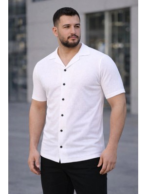 Velmora Fashion Erkek Waffle Kumaş Kısa Kollu Düğmeli Açık Yaka Regular Fit Gömlek - Beyaz