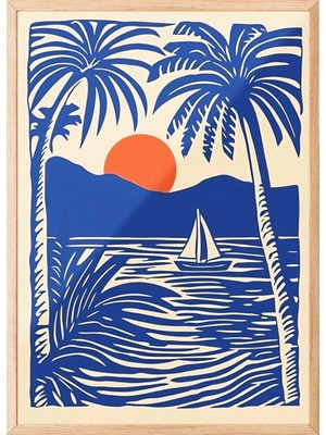 Zestia Ahşap Çerçeveli Duvar Tablosu Mavi Turuncu Palmiye ve Yelkenli Salon Dekoru