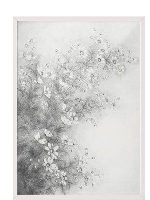 Zestia Beyaz Çerçeveli Duvar Tablosu Minimal Çiçek Eskizi – Gri Tonlar Salon Dekoru