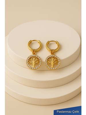 PremiumPort Parlak Gold Hayat Ağacı Yuvarlak Çelik Küpe, Şıklık ve Zarafet Için Mükemmel Seçim