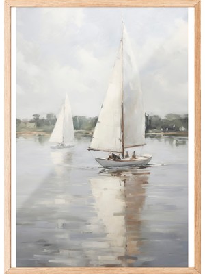 Zestia Ahşap Çerçeveli Duvar Tablosu Minimal Yelkenli – Soft Bej Tonlar Salon Dekoru