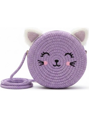 Sevimli Kedi Yumuşak Tüylü Kulak Mor Hasır Askılı Genç Kız Çocuk Bebek Çanta 13 cm Hediyelik