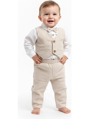 Butik Erkek Bebek Papyon Detaylı Yelekli Özel Gün Elbisesi Pamuklu Kumaş