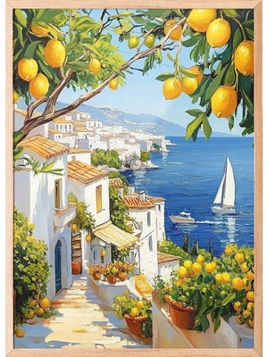 Zestia Ahşap Çerçeveli Duvar Tablosu Akdeniz Sahili Limon Ağacı ve Deniz Manzarası Salon Dekoru