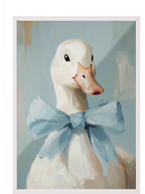 Zestia Beyaz Çerçeveli Duvar Tablosu Mavi Fiyonklu Sevimli Ördek Yağlı Boya Dokulu Çocuk Odası Dekoru
