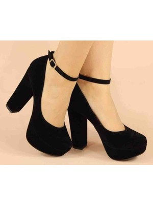 Göymen Kundura Kadın Abiye Bilekten Bağlamalı Platform Siyah Süet Ayakkabı