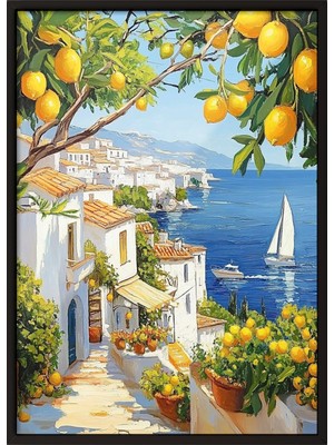 Zestia Siyah Çerçeveli Duvar Tablosu Akdeniz Sahili Limon Ağacı ve Deniz Manzarası Salon Dekoru