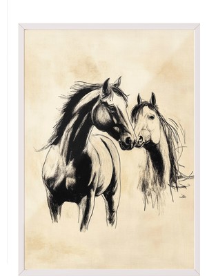 Zestia Beyaz Çerçeveli Duvar Tablosu Asil Atlar Salon Dekoru