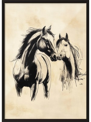 Zestia Siyah Çerçeveli Duvar Tablosu Asil Atlar Salon Dekoru
