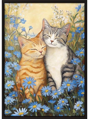 Zestia Siyah Çerçeveli Duvar Tablosu Mutlu Kediler Bahçesi Salon Dekoru