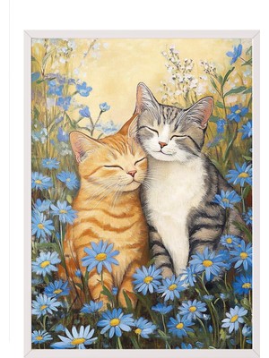 Zestia Beyaz Çerçeveli Duvar Tablosu Mutlu Kediler Bahçesi Salon Dekoru