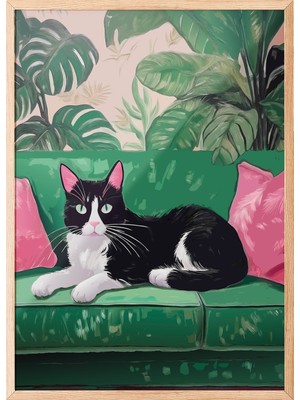 Zestia Ahşap Çerçeveli Duvar Tablosu Botanik Koltukta Kedi – Yeşil Tonlar Salon Dekoru