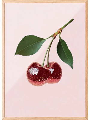 Zestia Ahşap Çerçeveli Duvar Tablosu Işıltılı Kırmızı Kiraz Illüstrasyonu Mutfak Dekoru