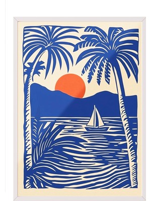 Zestia Beyaz Çerçeveli Duvar Tablosu Mavi Turuncu Palmiye ve Yelkenli Salon Dekoru