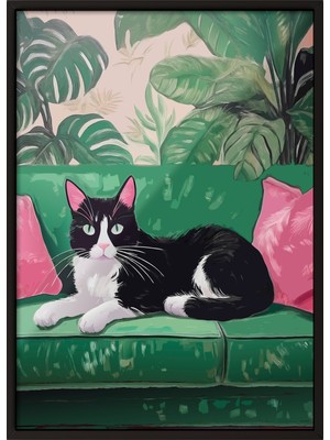 Zestia Siyah Çerçeveli Duvar Tablosu Botanik Koltukta Kedi – Yeşil Tonlar Salon Dekoru