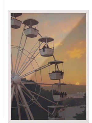 Zestia Beyaz Çerçeveli Duvar Tablosu Gün Batımında Dönme Dolap – Sıcak Turuncu Gökyüzü Salon Dekoru