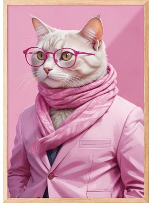 Zestia Ahşap Çerçeveli Duvar Tablosu Pembe Takımlı Kedi Portresi – Gözlüklü Modern Stil Salon Dekoru