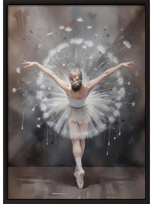 Zestia Siyah Çerçeveli Duvar Tablosu Zarif Balerin Silueti – Uçuşan Karahindiba Detayları Salon Dekoru