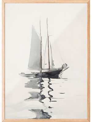 Zestia Ahşap Çerçeveli Duvar Tablosu Minimal Yelkenli – Gri Tonlar Salon Dekoru